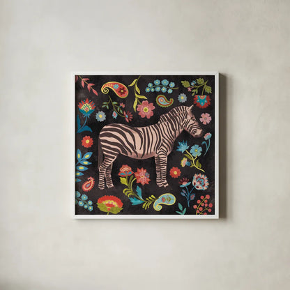 Jewels of the Jungle on Black III by Farida Zaman. Shown in a crisp white glass frame for a clean and minimalist style. Available as an archival giclee rolled canvas, fine art paper, or poster print. SKU 97142a.