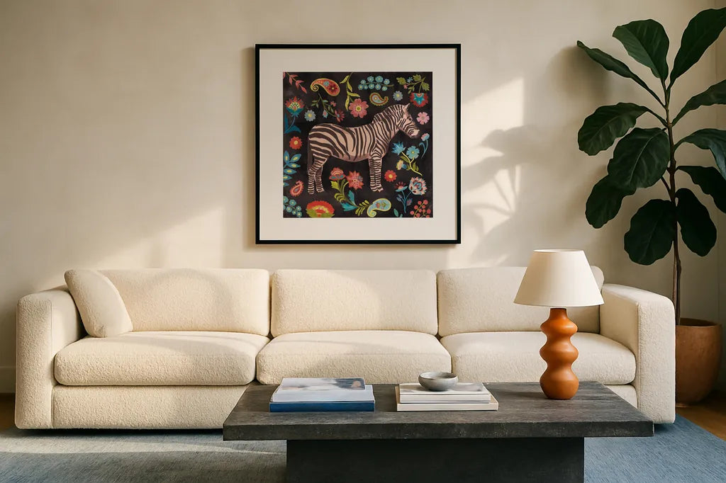 Jewels of the Jungle on Black III by Farida Zaman. Displayed in a glass frame with matte in a clean modern living room. Available as an archival giclee rolled canvas, fine art paper, or poster print. SKU 97142a.