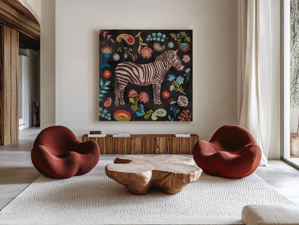 Jewels of the Jungle on Black III by Farida Zaman. Shown as extra-large giant wall art in a modern living room. Available as an archival giclee rolled canvas, fine art paper, or poster print. SKU 97142a.