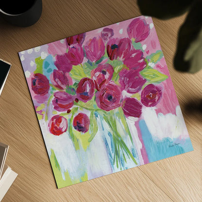 Joyful Tulips by Farida Zaman. Shown as a detailed flat fine art print, highlighting archival giclee quality. Available as an archival giclee rolled canvas, fine art paper, or poster print. SKU 44969a.