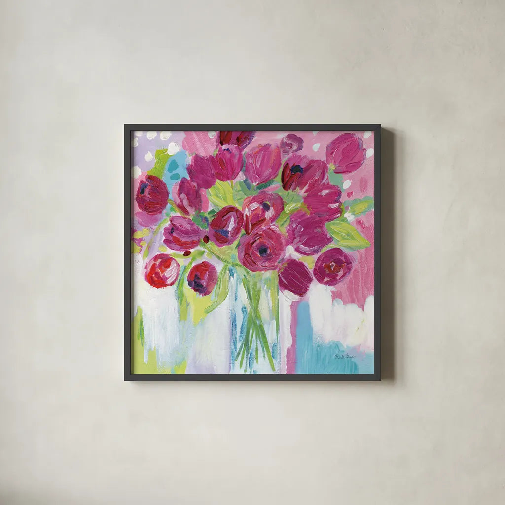 Joyful Tulips by Farida Zaman. Shown in a sleek black glass frame for a contemporary gallery look. Available as an archival giclee rolled canvas, fine art paper, or poster print. SKU 44969a.