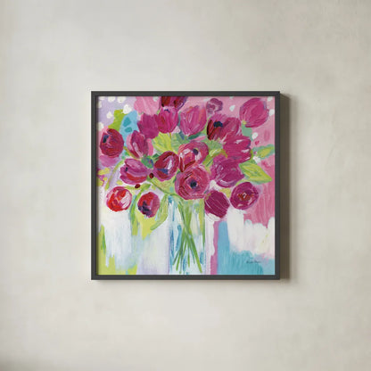 Joyful Tulips by Farida Zaman. Shown in a sleek black glass frame for a contemporary gallery look. Available as an archival giclee rolled canvas, fine art paper, or poster print. SKU 44969a.