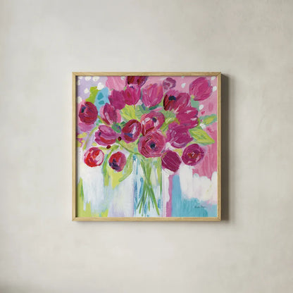 Joyful Tulips by Farida Zaman. Shown in a natural wood glass frame for a timeless modern aesthetic. Available as an archival giclee rolled canvas, fine art paper, or poster print. SKU 44969a.