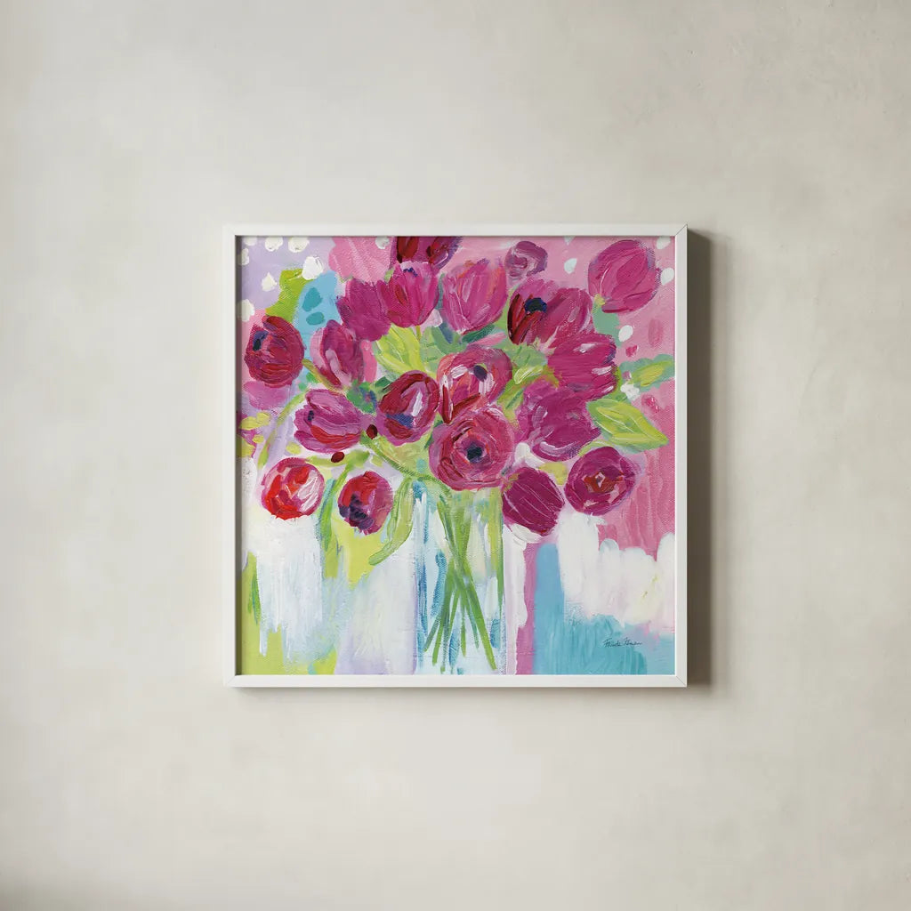 Joyful Tulips by Farida Zaman. Shown in a crisp white glass frame for a clean and minimalist style. Available as an archival giclee rolled canvas, fine art paper, or poster print. SKU 44969a.