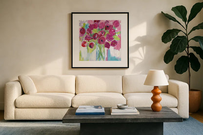 Joyful Tulips by Farida Zaman. Displayed in a glass frame with matte in a clean modern living room. Available as an archival giclee rolled canvas, fine art paper, or poster print. SKU 44969a.