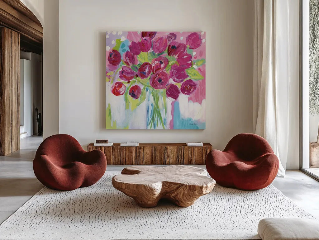 Joyful Tulips by Farida Zaman. Shown as extra-large giant wall art in a modern living room. Available as an archival giclee rolled canvas, fine art paper, or poster print. SKU 44969a.