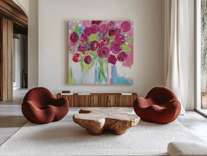 Joyful Tulips by Farida Zaman. Shown as extra-large giant wall art in a modern living room. Available as an archival giclee rolled canvas, fine art paper, or poster print. SKU 44969a.