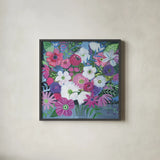 Jungle of Florals by Farida Zaman. Shown in a sleek black glass frame for a contemporary gallery look. Available as an archival giclee rolled canvas, fine art paper, or poster print. SKU 60948a.