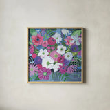 Jungle of Florals by Farida Zaman. Shown in a natural wood glass frame for a timeless modern aesthetic. Available as an archival giclee rolled canvas, fine art paper, or poster print. SKU 60948a.