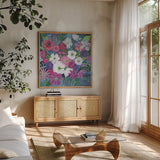 Jungle of Florals by Farida Zaman. Shown in a natural wood frame in a cozy modern living room. Available as an archival giclee rolled canvas, fine art paper, or poster print. SKU 60948a.