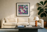 Jungle of Florals by Farida Zaman. Displayed in a glass frame with matte in a clean modern living room. Available as an archival giclee rolled canvas, fine art paper, or poster print. SKU 60948a.