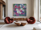 Jungle of Florals by Farida Zaman. Shown as extra-large giant wall art in a modern living room. Available as an archival giclee rolled canvas, fine art paper, or poster print. SKU 60948a.