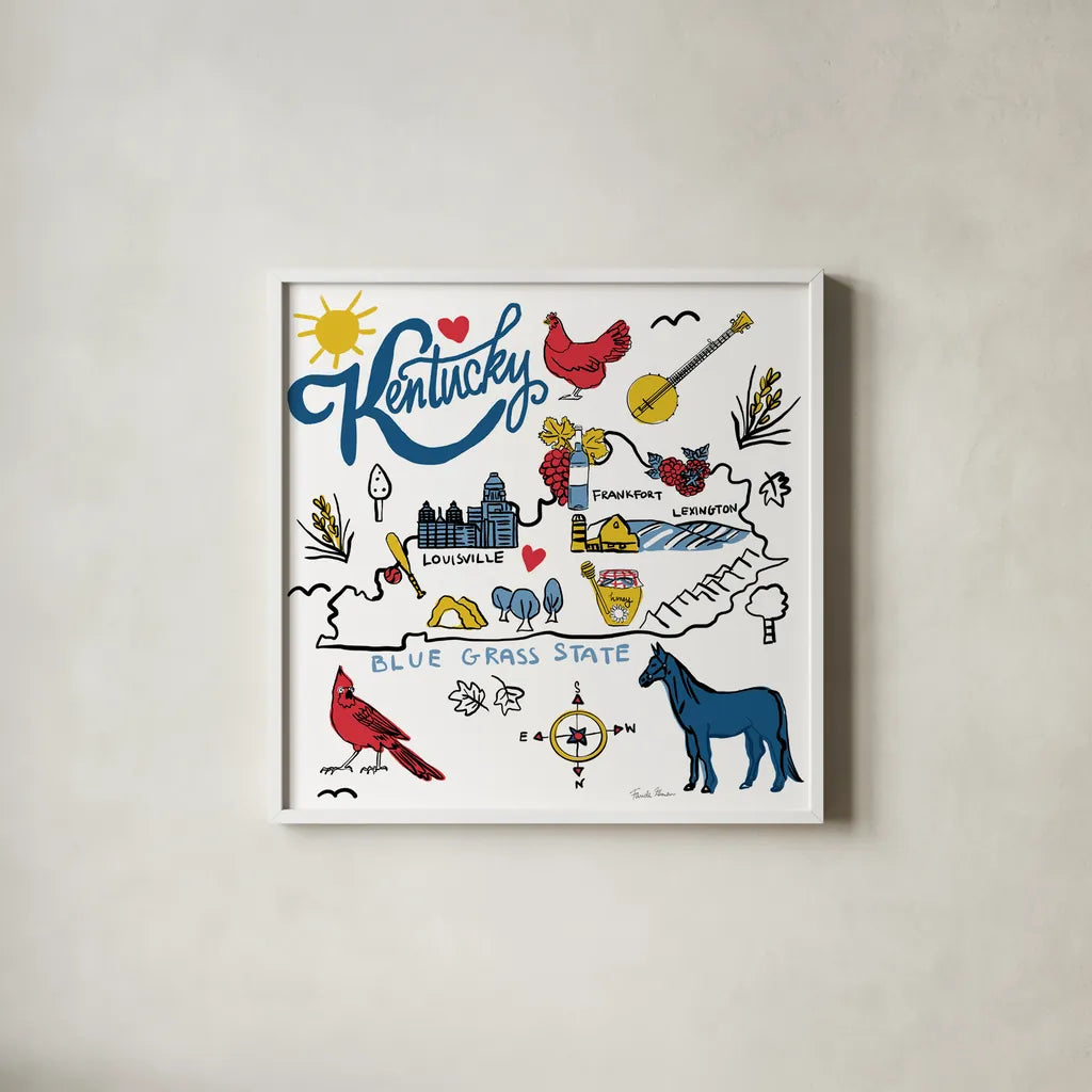 Kentucky by Farida Zaman. Shown in a crisp white glass frame for a clean and minimalist style. Available as an archival giclee rolled canvas, fine art paper, or poster print. SKU 87825a.