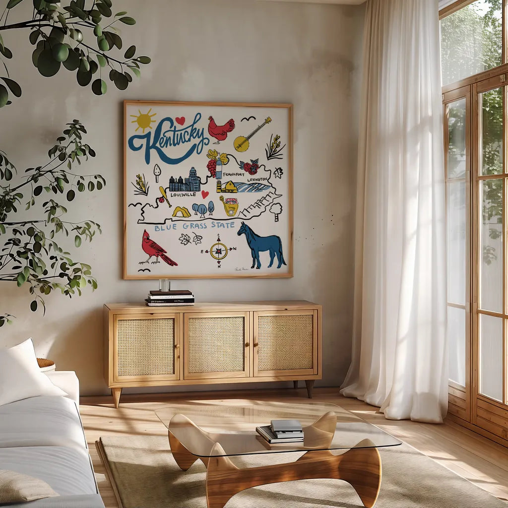 Kentucky by Farida Zaman. Shown in a natural wood frame in a cozy modern living room. Available as an archival giclee rolled canvas, fine art paper, or poster print. SKU 87825a.