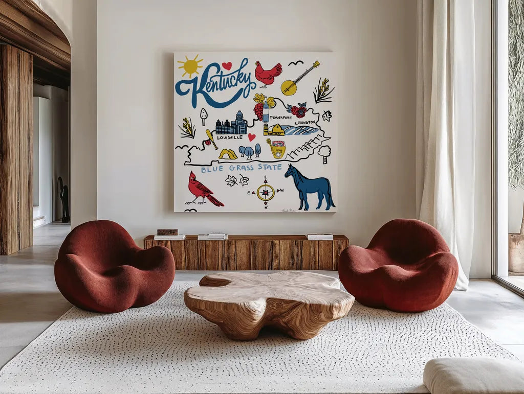 Kentucky by Farida Zaman. Shown as extra-large giant wall art in a modern living room. Available as an archival giclee rolled canvas, fine art paper, or poster print. SKU 87825a.