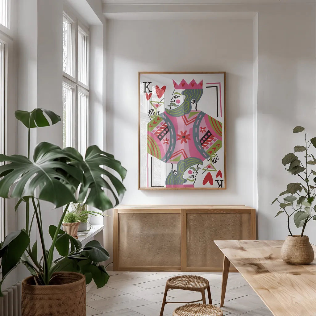 King of Hearts by Farida Zaman. shown as a print in a natural wood frame in a dining room. Available as a archival giclee rolled canvas, fine art paper, or poster print. SKU 91525h.