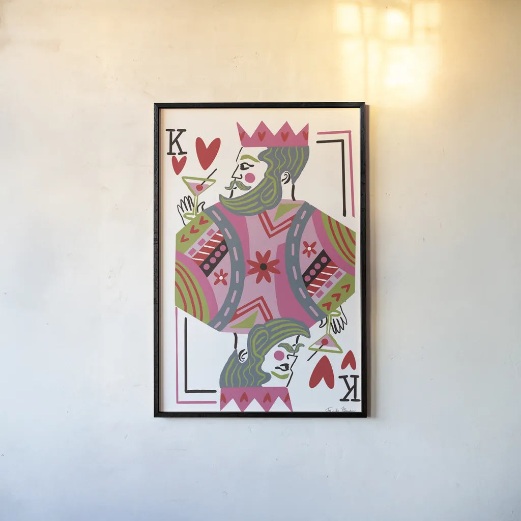 King of Hearts by Farida Zaman. shown as a paper print in a black flame. Available as a archival giclee rolled canvas, fine art paper, or poster print. SKU 91525h.