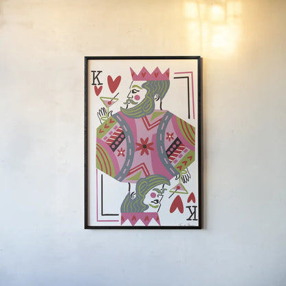 King of Hearts by Farida Zaman. shown as a paper print in a black flame. Available as a archival giclee rolled canvas, fine art paper, or poster print. SKU 91525h.