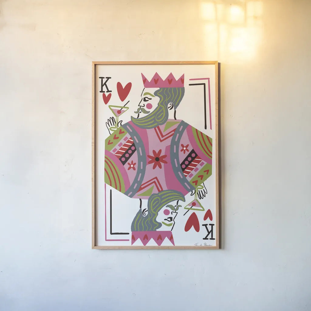 King of Hearts by Farida Zaman. shown as a paper print in a natural frame. Available as a archival giclee rolled canvas, fine art paper, or poster print. SKU 91525h.
