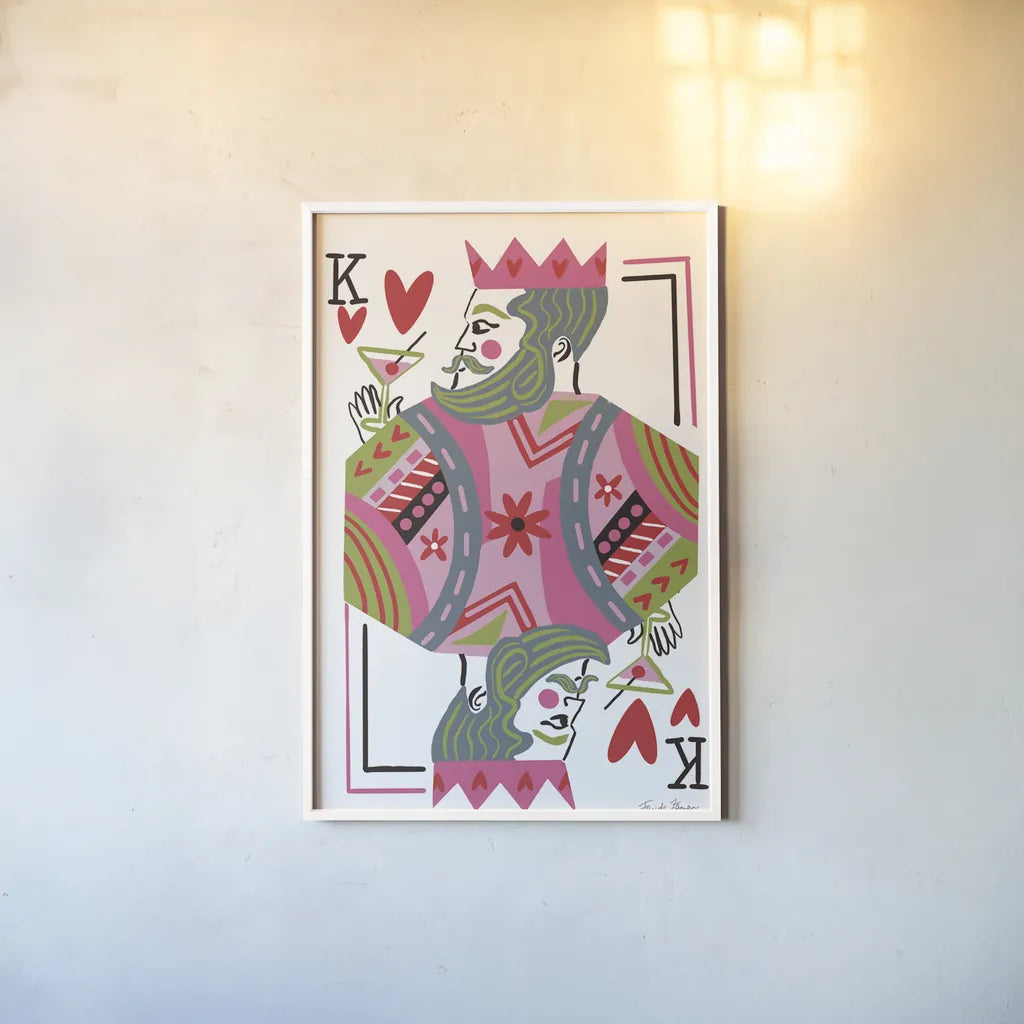 King of Hearts by Farida Zaman. shown as a paper print in a white frame. Available as a archival giclee rolled canvas, fine art paper, or poster print. SKU 91525h.