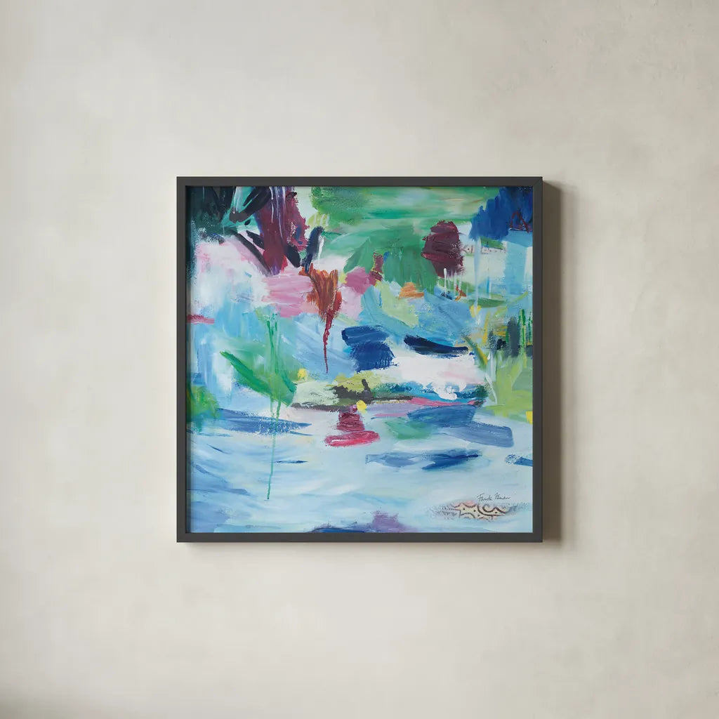 Lake Abstract by Farida Zaman. Shown in a sleek black glass frame for a contemporary gallery look. Available as an archival giclee rolled canvas, fine art paper, or poster print. SKU 60949a.