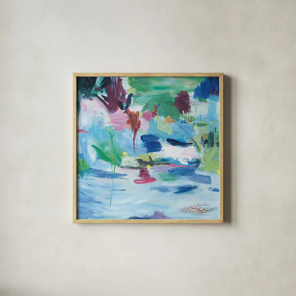 Lake Abstract by Farida Zaman. Shown in a natural wood glass frame for a timeless modern aesthetic. Available as an archival giclee rolled canvas, fine art paper, or poster print. SKU 60949a.