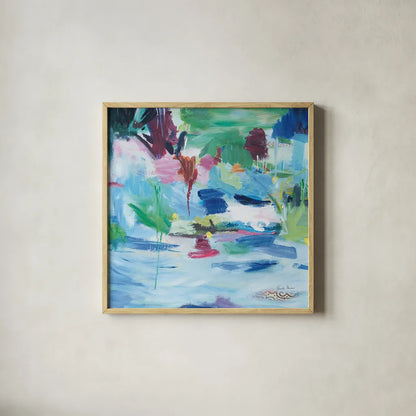 Lake Abstract by Farida Zaman. Shown in a natural wood glass frame for a timeless modern aesthetic. Available as an archival giclee rolled canvas, fine art paper, or poster print. SKU 60949a.