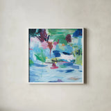Lake Abstract by Farida Zaman. Shown in a crisp white glass frame for a clean and minimalist style. Available as an archival giclee rolled canvas, fine art paper, or poster print. SKU 60949a.