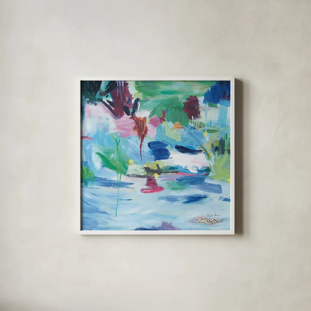 Lake Abstract by Farida Zaman. Shown in a crisp white glass frame for a clean and minimalist style. Available as an archival giclee rolled canvas, fine art paper, or poster print. SKU 60949a.