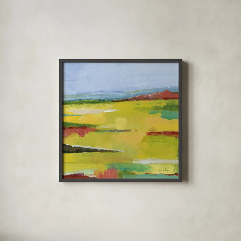Landscape Abstract by Farida Zaman. Shown in a sleek black glass frame for a contemporary gallery look. Available as an archival giclee rolled canvas, fine art paper, or poster print. SKU 60387a.