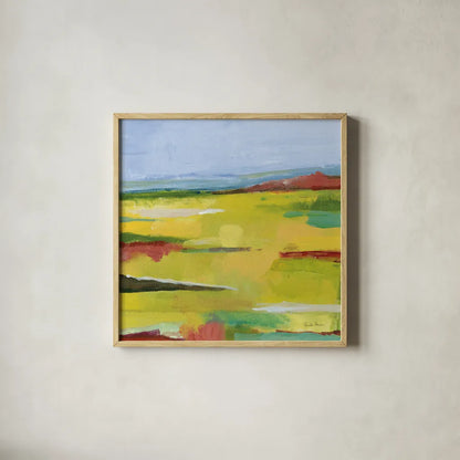 Landscape Abstract by Farida Zaman. Shown in a natural wood glass frame for a timeless modern aesthetic. Available as an archival giclee rolled canvas, fine art paper, or poster print. SKU 60387a.