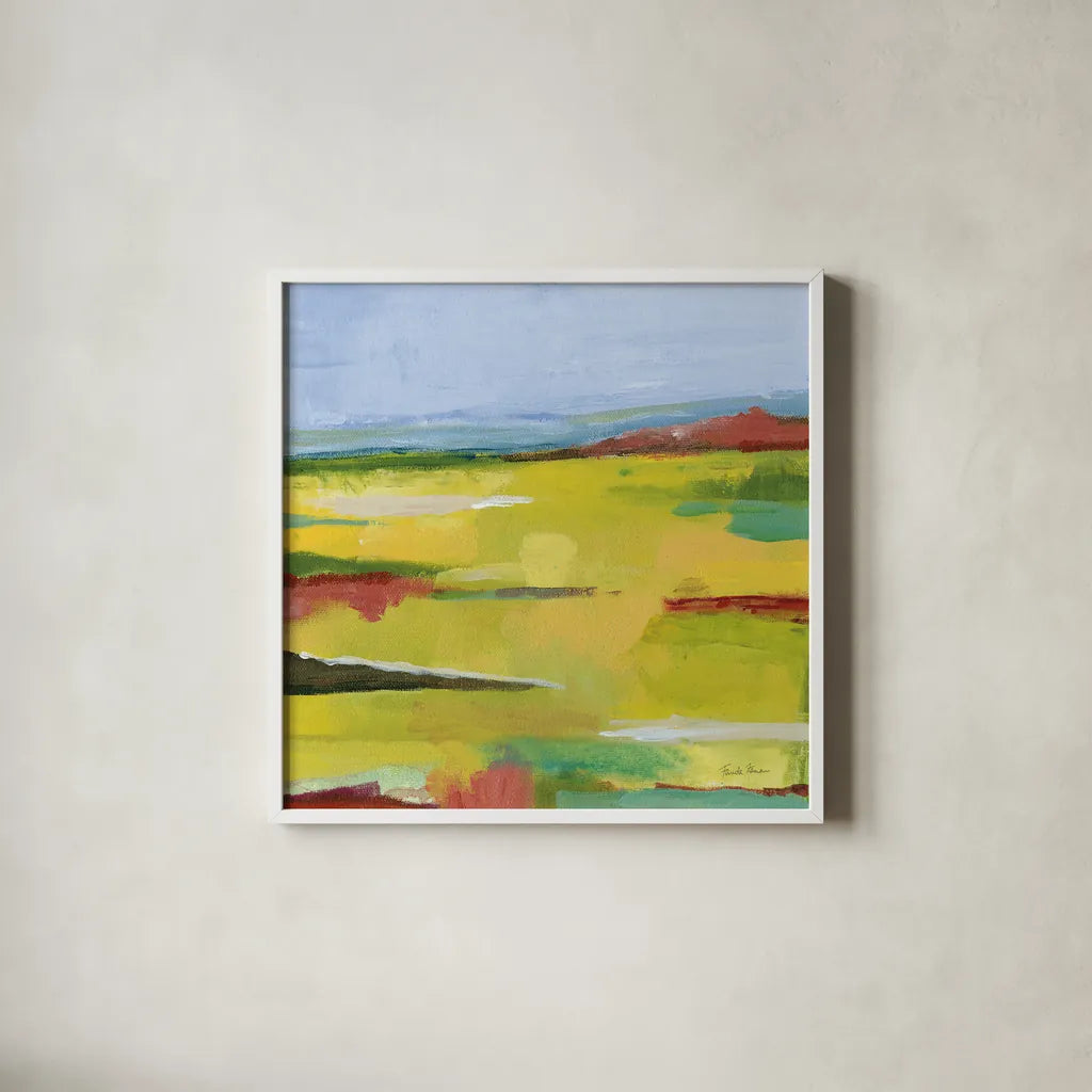 Landscape Abstract by Farida Zaman. Shown in a crisp white glass frame for a clean and minimalist style. Available as an archival giclee rolled canvas, fine art paper, or poster print. SKU 60387a.