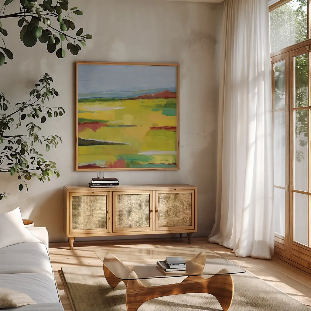 Landscape Abstract by Farida Zaman. Shown in a natural wood frame in a cozy modern living room. Available as an archival giclee rolled canvas, fine art paper, or poster print. SKU 60387a.