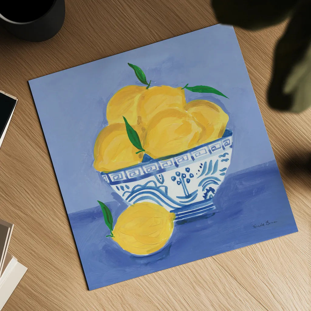 Lemon Still Life by Farida Zaman. Shown as a detailed flat fine art print, highlighting archival giclee quality. Available as an archival giclee rolled canvas, fine art paper, or poster print. SKU 78768a.