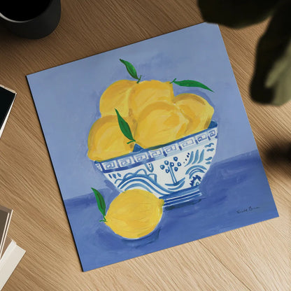 Lemon Still Life by Farida Zaman. Shown as a detailed flat fine art print, highlighting archival giclee quality. Available as an archival giclee rolled canvas, fine art paper, or poster print. SKU 78768a.