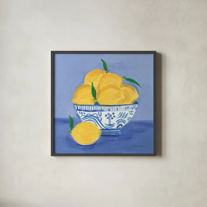 Lemon Still Life by Farida Zaman. Shown in a sleek black glass frame for a contemporary gallery look. Available as an archival giclee rolled canvas, fine art paper, or poster print. SKU 78768a.
