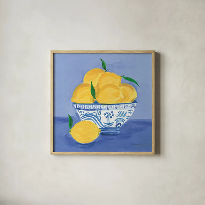 Lemon Still Life by Farida Zaman. Shown in a natural wood glass frame for a timeless modern aesthetic. Available as an archival giclee rolled canvas, fine art paper, or poster print. SKU 78768a.