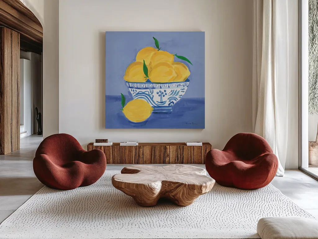 Lemon Still Life by Farida Zaman. Shown as extra-large giant wall art in a modern living room. Available as an archival giclee rolled canvas, fine art paper, or poster print. SKU 78768a.