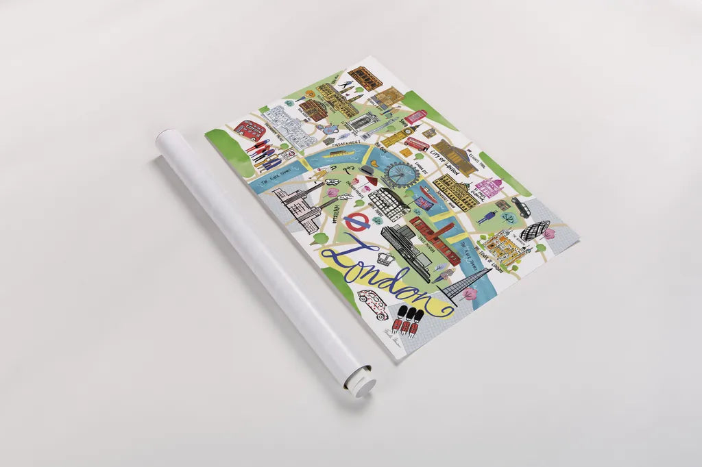 London Map by Farida Zaman. shown as a rolled paper print. Available as archival giclee rolled canvas, fine art paper, or poster print. SKU 66627i.