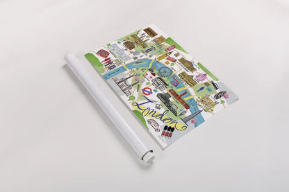 London Map by Farida Zaman. shown as a rolled paper print. Available as archival giclee rolled canvas, fine art paper, or poster print. SKU 66627i.