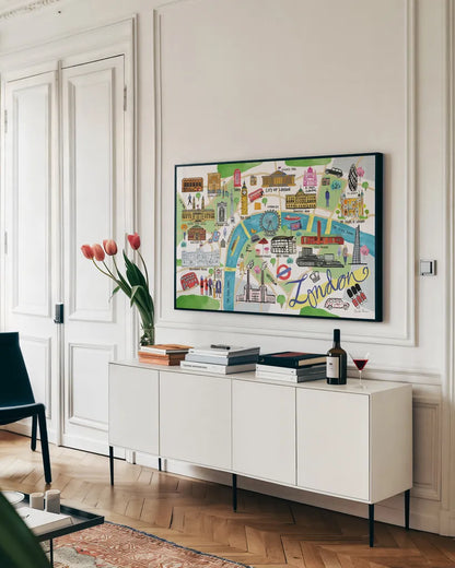 London Map by Farida Zaman. shown as a framed stretched canvas in a living room above a console. Available as a archival giclee rolled canvas, fine art paper, or poster print. SKU 66627i.
