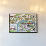 London Map by Farida Zaman. shown as a paper print in a black flame. Available as a archival giclee rolled canvas, fine art paper, or poster print. SKU 66627i.