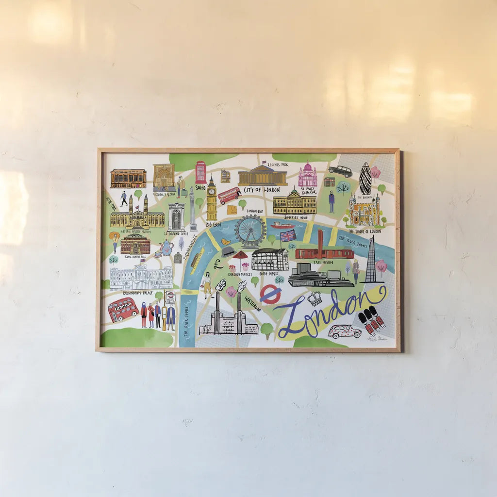 London Map by Farida Zaman. shown as a paper print in a natural frame. Available as a archival giclee rolled canvas, fine art paper, or poster print. SKU 66627i.