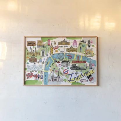 London Map by Farida Zaman. shown as a paper print in a natural frame. Available as a archival giclee rolled canvas, fine art paper, or poster print. SKU 66627i.