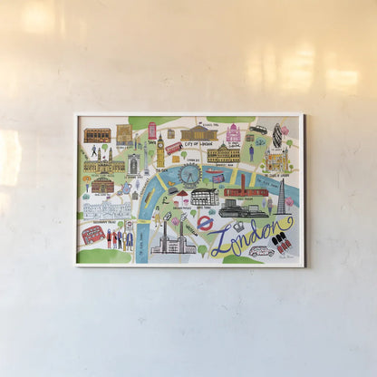 London Map by Farida Zaman. shown as a paper print in a white frame. Available as a archival giclee rolled canvas, fine art paper, or poster print. SKU 66627i.