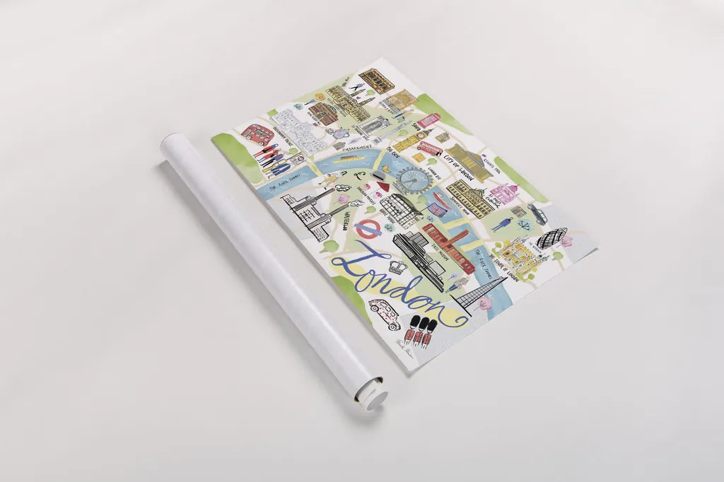 London Map Light by Farida Zaman. shown as a rolled paper print. Available as archival giclee rolled canvas, fine art paper, or poster print. SKU 68065i.