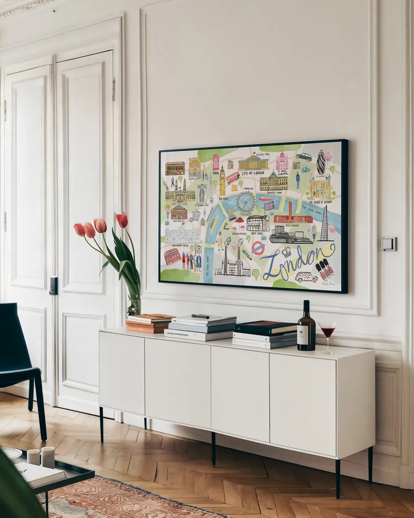 London Map Light by Farida Zaman. shown as a framed stretched canvas in a living room above a console. Available as a archival giclee rolled canvas, fine art paper, or poster print. SKU 68065i.