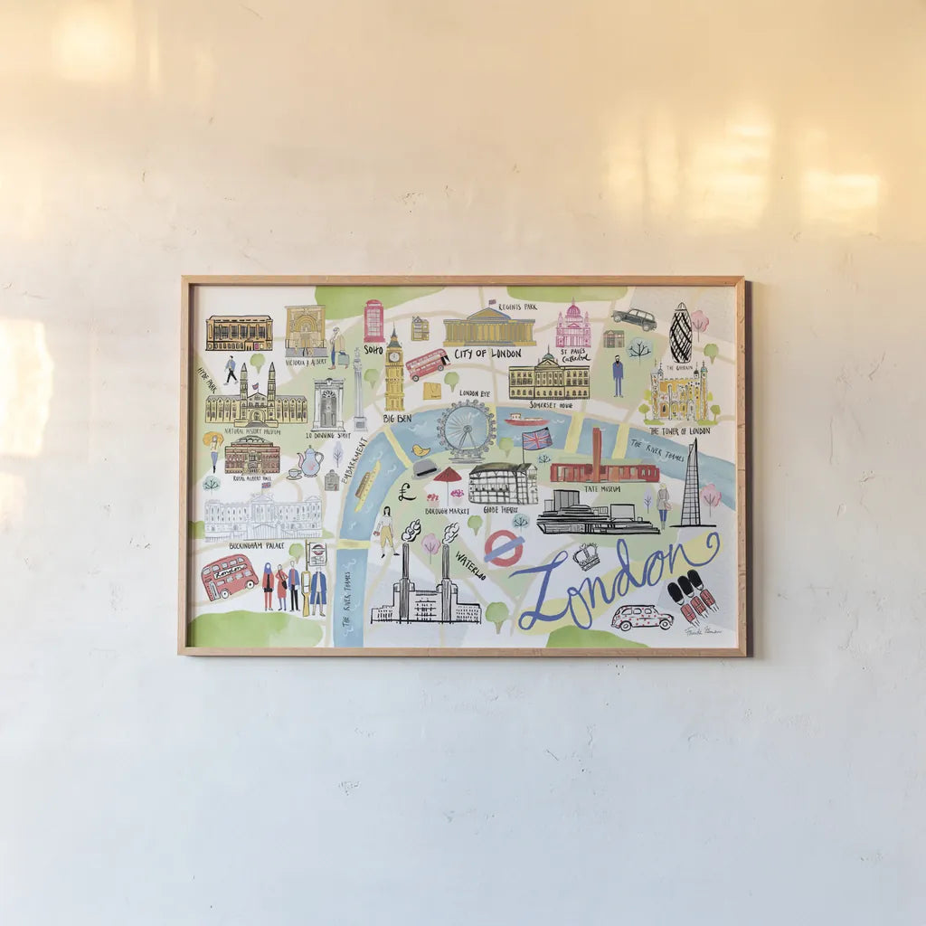 London Map Light by Farida Zaman. shown as a paper print in a natural frame. Available as a archival giclee rolled canvas, fine art paper, or poster print. SKU 68065i.