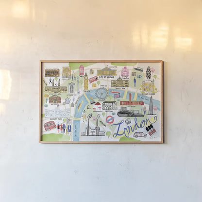London Map Light by Farida Zaman. shown as a paper print in a natural frame. Available as a archival giclee rolled canvas, fine art paper, or poster print. SKU 68065i.