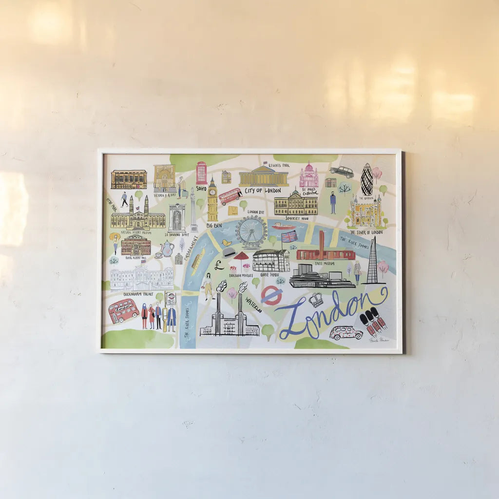 London Map Light by Farida Zaman. shown as a paper print in a white frame. Available as a archival giclee rolled canvas, fine art paper, or poster print. SKU 68065i.